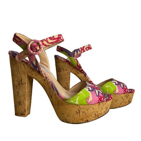 * Sandalias Prada Lona Estampada Rosado-Talla 38.5