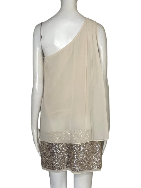Vestido Aidan Mattox One Shoulder Lentejuelas Beige - Talla 6