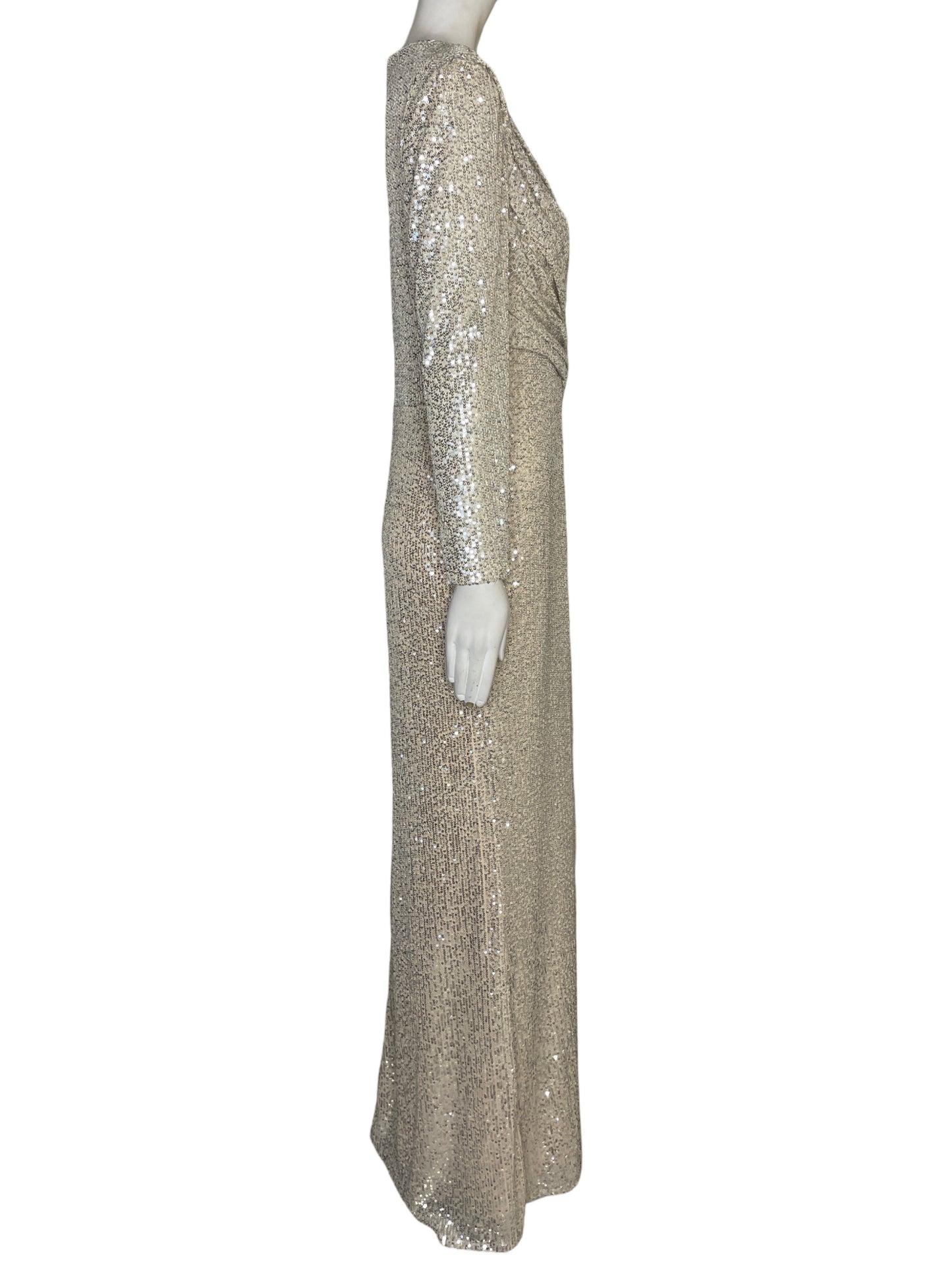 Vestido Mac Duggal Mangas Largas Lentejuelas Beige - Talla 10