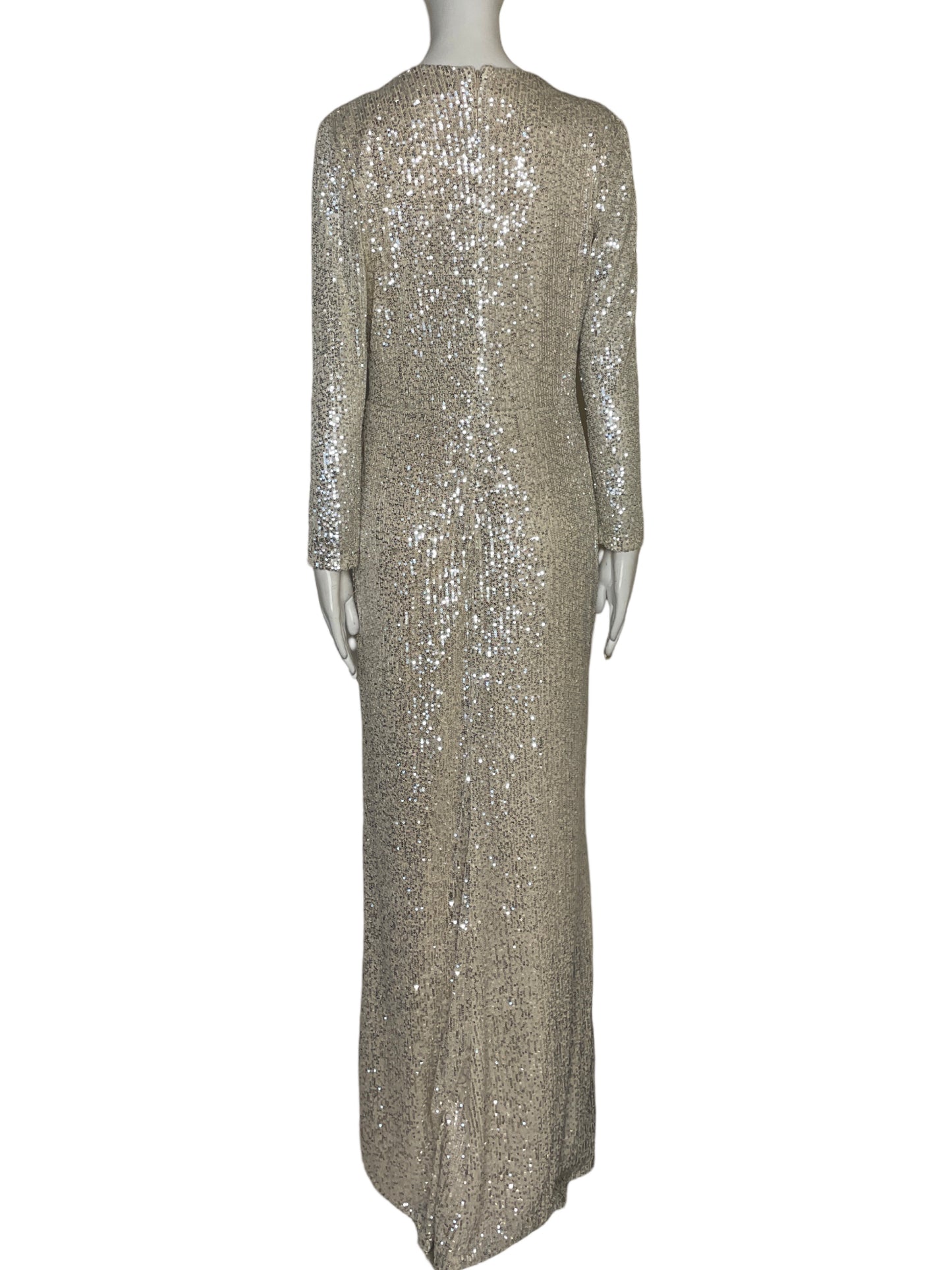 Vestido Mac Duggal Mangas Largas Lentejuelas Beige - Talla 10