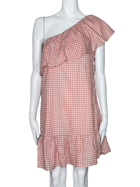 Vestido Cotton:On One Shoulder Cuadros Rosado-Talla S