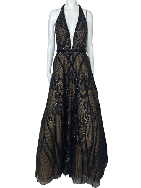 Vestido Mac Duggal Halter Lentejuelas Negro-Talla 8