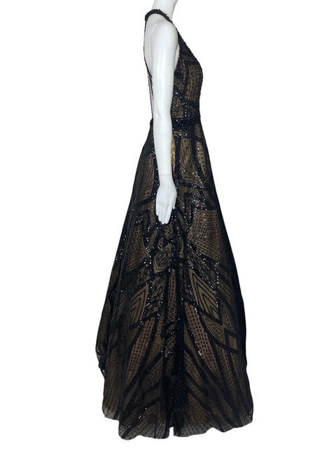 Vestido Mac Duggal Halter Lentejuelas Negro-Talla 8