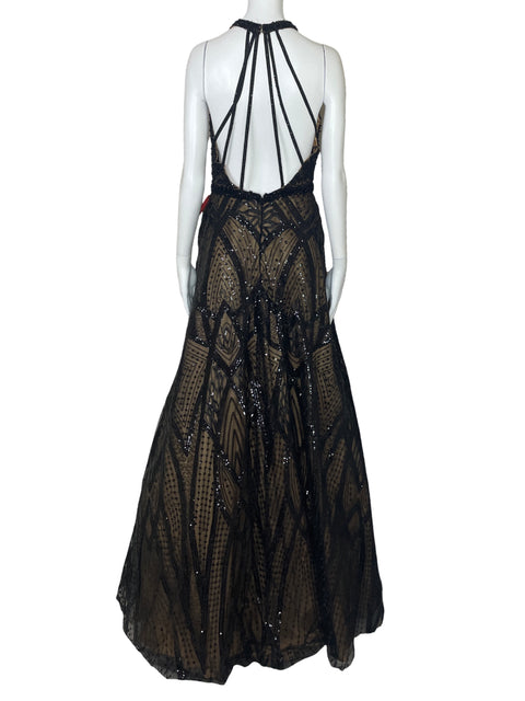 Vestido Mac Duggal Halter Lentejuelas Negro-Talla 8