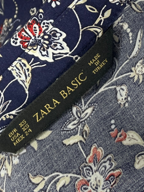 Camisa Zara Floral Bolsillo Azul-Talla XS