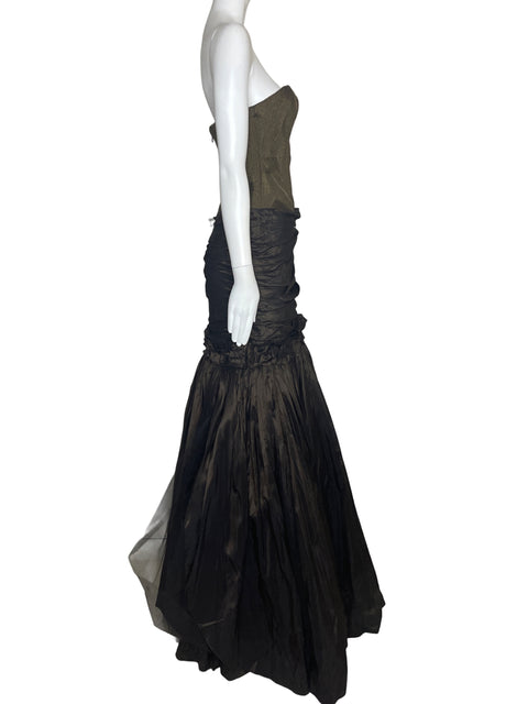 Vestido Naeem Khan Drapeado Vuelo Marron-Talla S