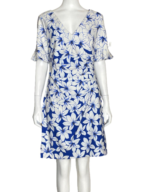 Vestido Adriana Papell Drapeado Flores Azul-Talla 10
