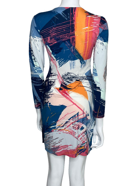 Vestido BCBG Escote V Manga Larga Print Azul-Talla XXS