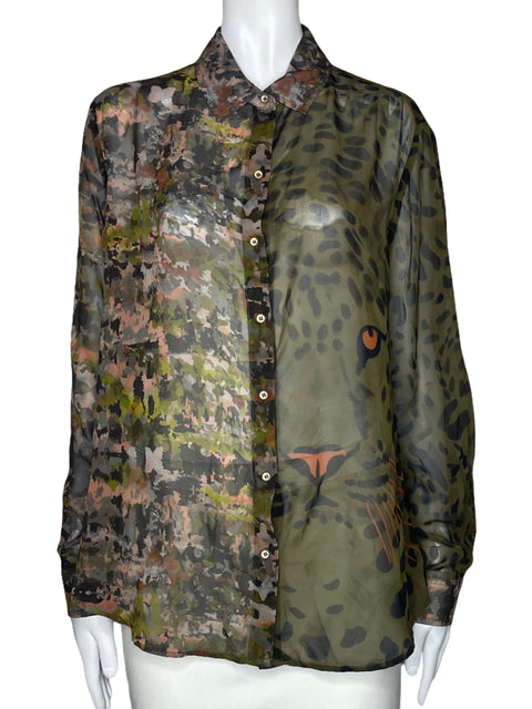 Camisa Desigual Estampado Leopardo Verde-Talla XL