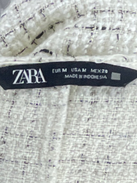 Blusa Zara Tweed Mangas Puff Blanco-Talla M