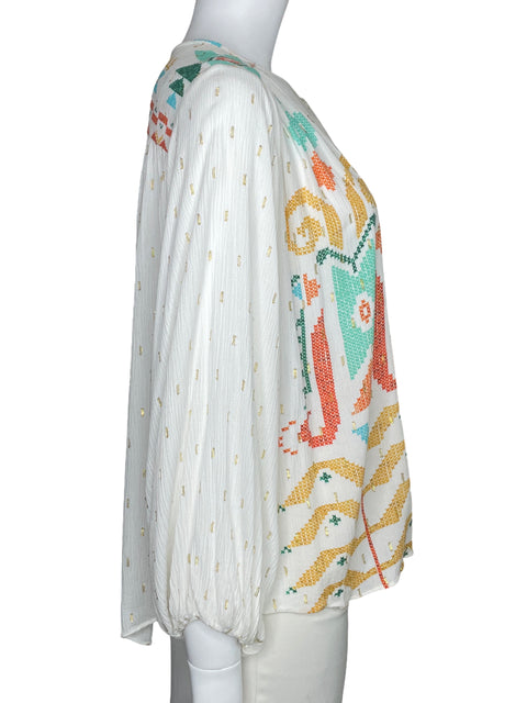 Camisa Zara Boho Chic Manga Larga Blanco-Talla L