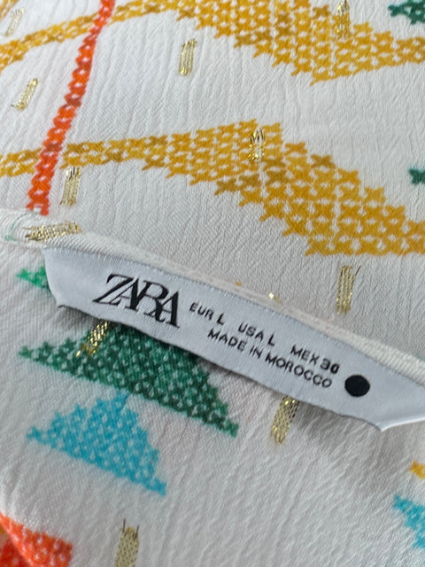 Camisa Zara Boho Chic Manga Larga Blanco-Talla L