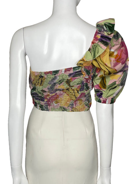 Top Zara One Shoulder Floral Verde-Talla M