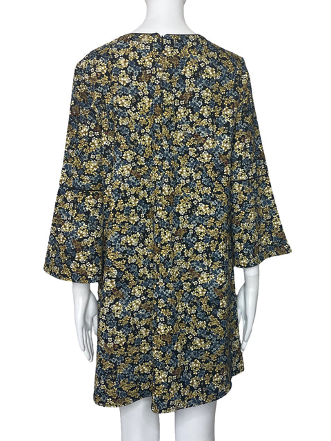 Vestido Zara Flores Mangas Negro-Talla M