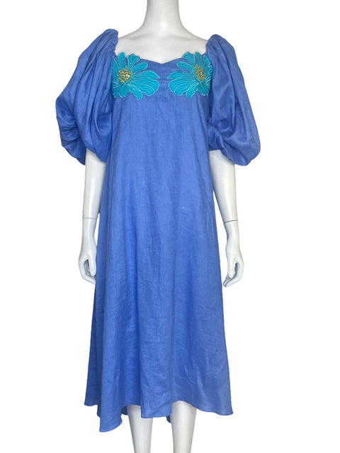 Vestido Zunilda Gutierrez Mangas Puff Azul - Talla S