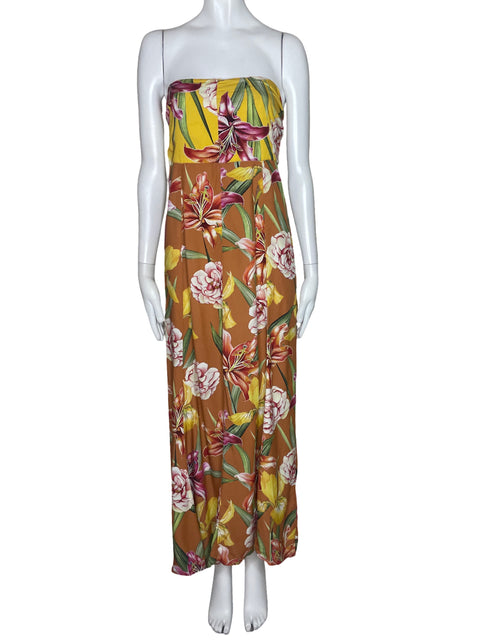 Vestido Agua Bendita Floral Strapless Naranja-Talla S