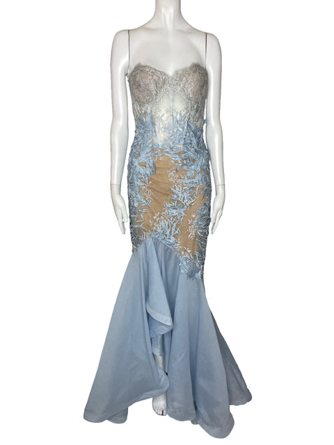 Vestido Beside Couture By Gemy Encaje Strapless Azul-Talla 8