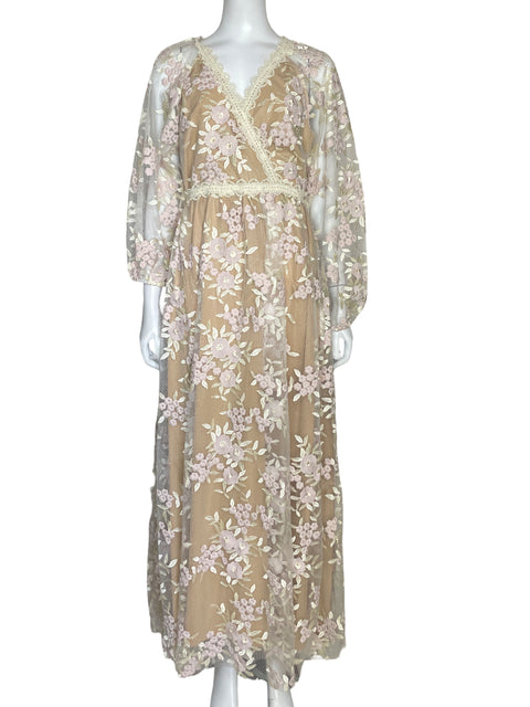 Vestido Just Me Bordado Flores Beige-Talla M