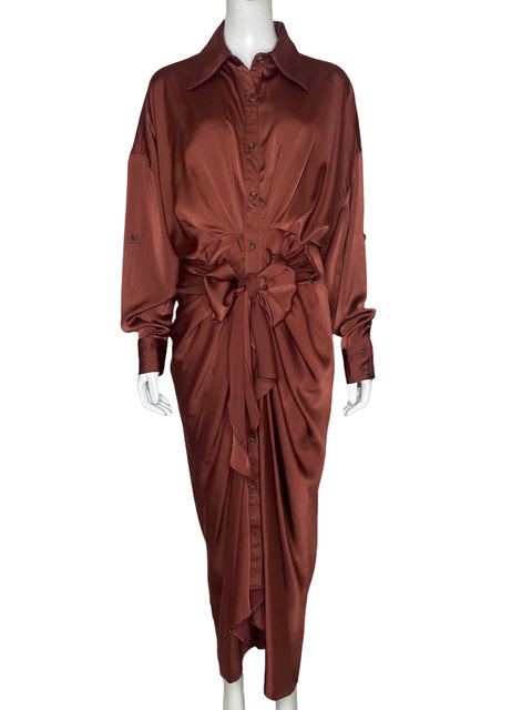 Vestido Mable Camisero Drapeado Marron-Talla L