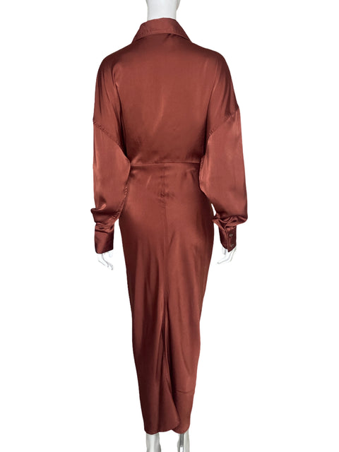 Vestido Mable Camisero Drapeado Marron-Talla L