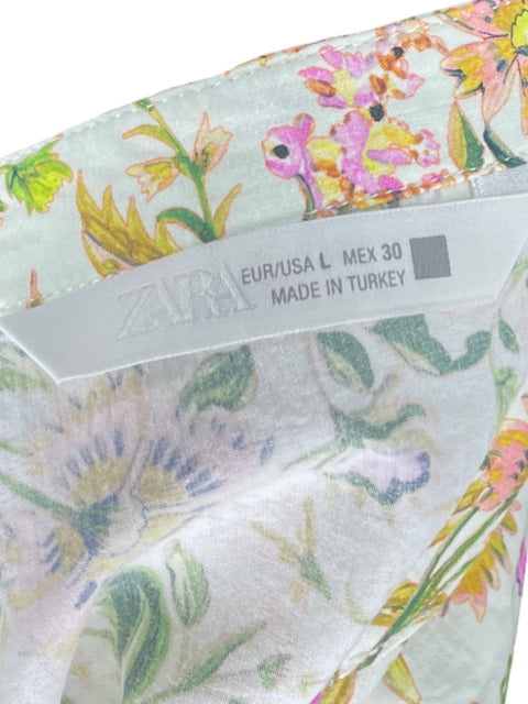 Vestido Zara Floral Camisero Blanco-Talla L