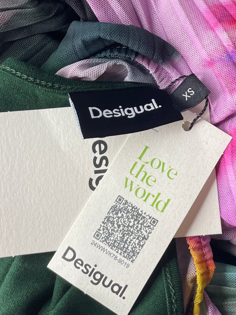 Vestido Desigual Plisado Floral Verde-Talla XS