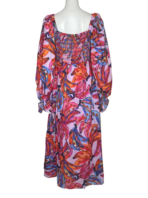 Vestido Farm Rio Bananas Mangas Abullonadas Fucsia - Talla L