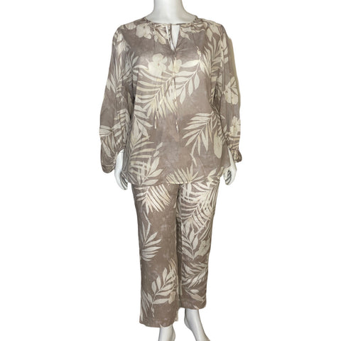 Set Punto Roma Blusa y Pantalón Hojas Beige - Talla XL