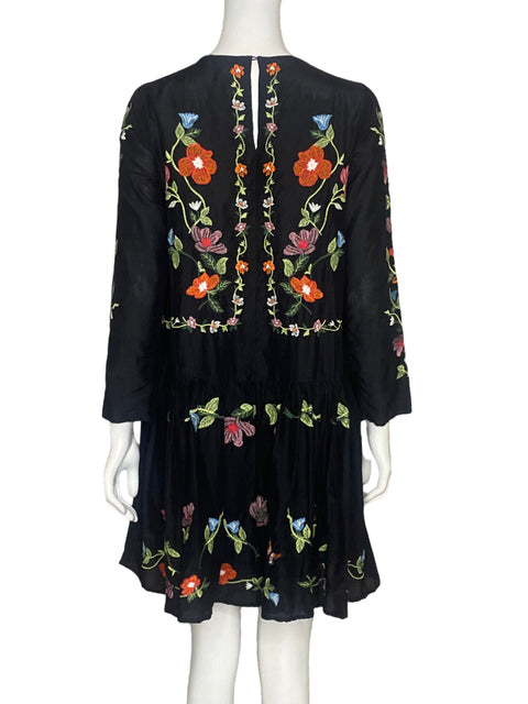Vestido Zara Bordado Flores Negro-Talla S