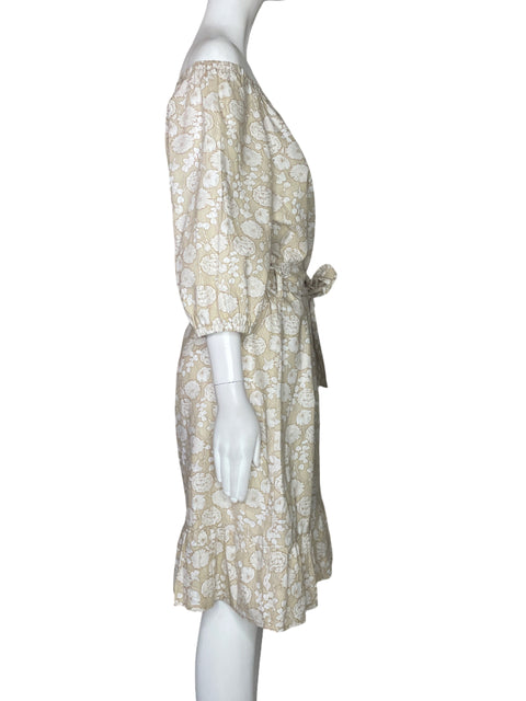 Vestido Saks Fifth Avenue Flores Cinturon Beige-Talla M
