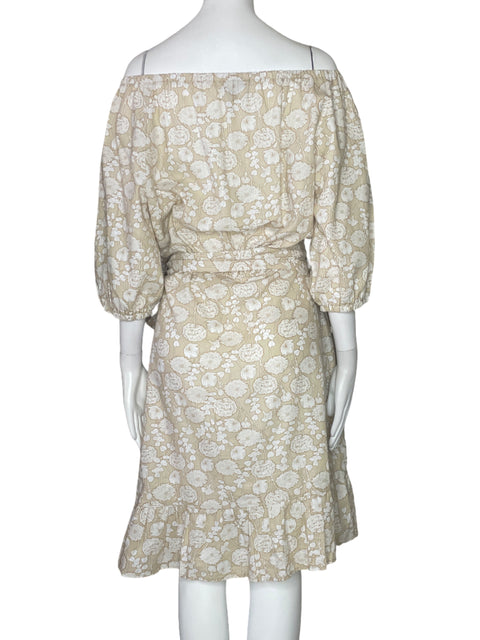 Vestido Saks Fifth Avenue Flores Cinturon Beige-Talla M