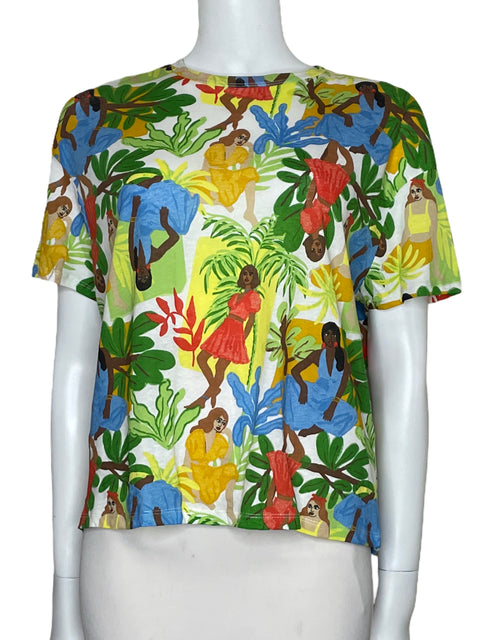 Sueter Zara Dibujos Manga Corta Blanco-Talla M