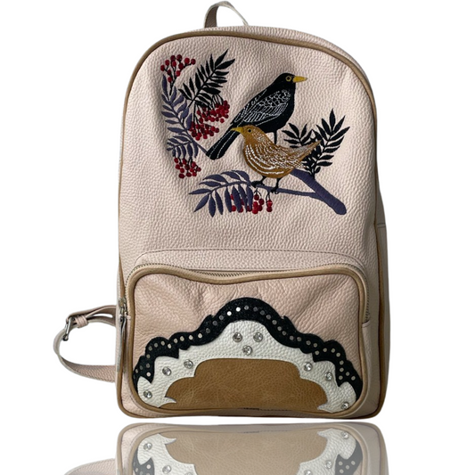 Mochila Clara Barcelo Te Pintarón Pajaritos Beige-Talla M