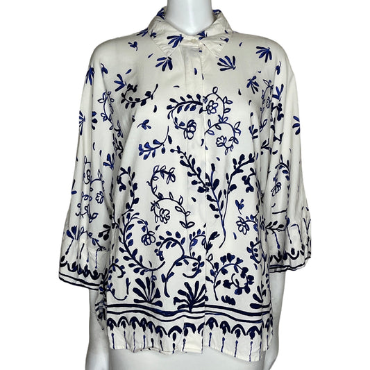 Camisa Zara Media Manga Estampada Blanco-Talla 
L