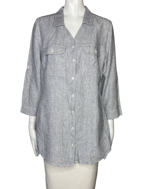 Camisa Nicole Miller Bolsillo Rayas Blanco-Talla L