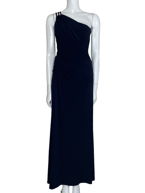 Vestido David Meister One Shoulder Drapeado Azul-Talla 2