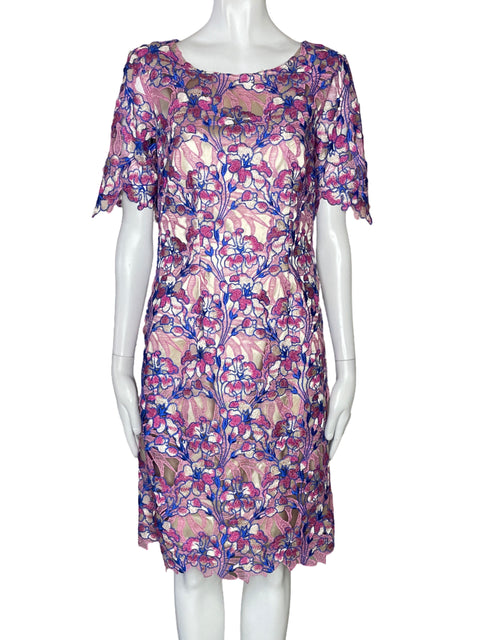 Vestido Tahari Arthur S. Levine Encaje Metalizado Rosado-Talla 2