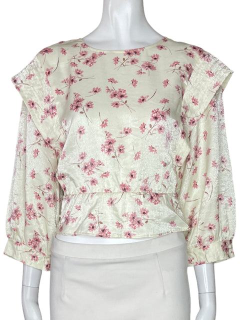 Blusa Zara Flores Metalizado Blanco-Talla M