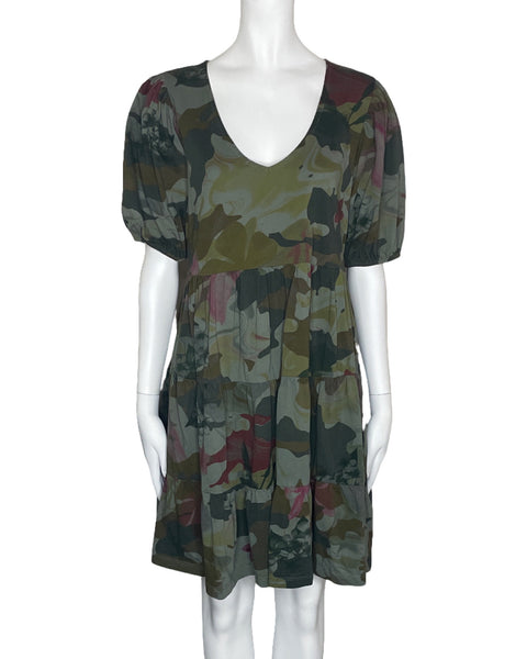 Vestido Desigual Estampado Cuello V Verde-Talla L