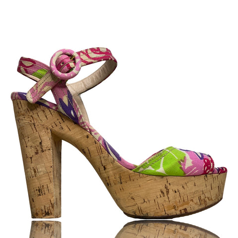 * Sandalias Prada Lona Estampada Rosado-Talla 38.5