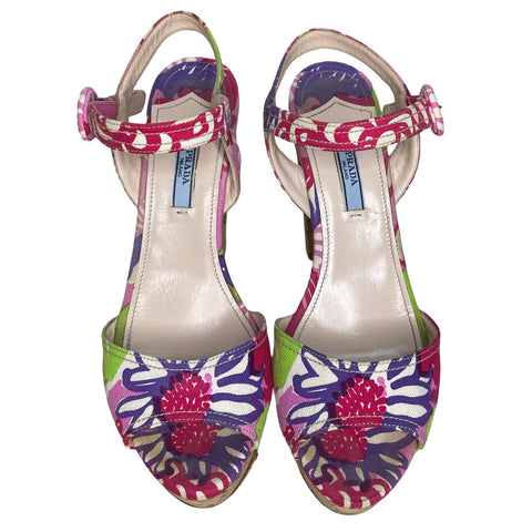 * Sandalias Prada Lona Estampada Rosado-Talla 38.5