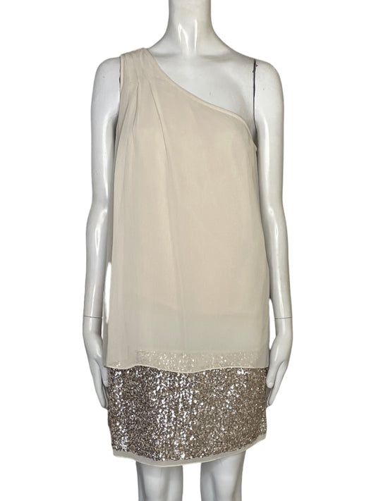 Vestido Aidan Mattox One Shoulder Lentejuelas Beige - Talla 6