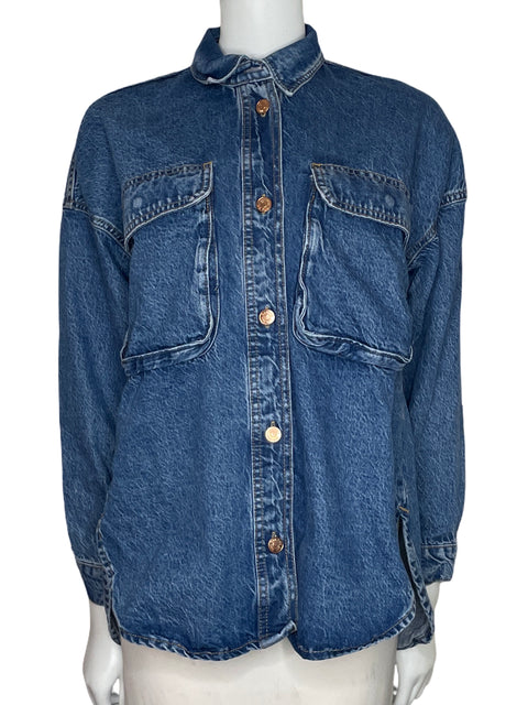 Chaqueta Zara Bolsillos Denim Azul-Talla XS