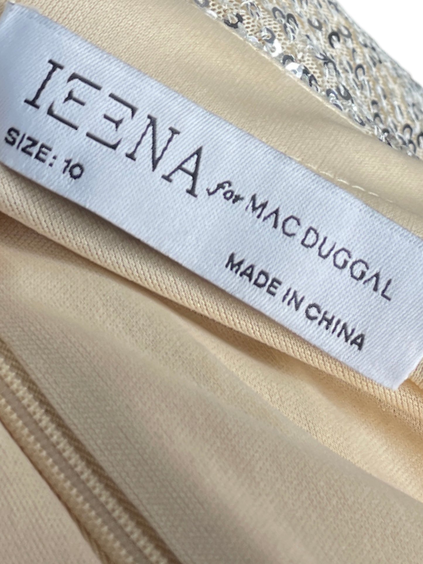 Vestido Mac Duggal Mangas Largas Lentejuelas Beige - Talla 10