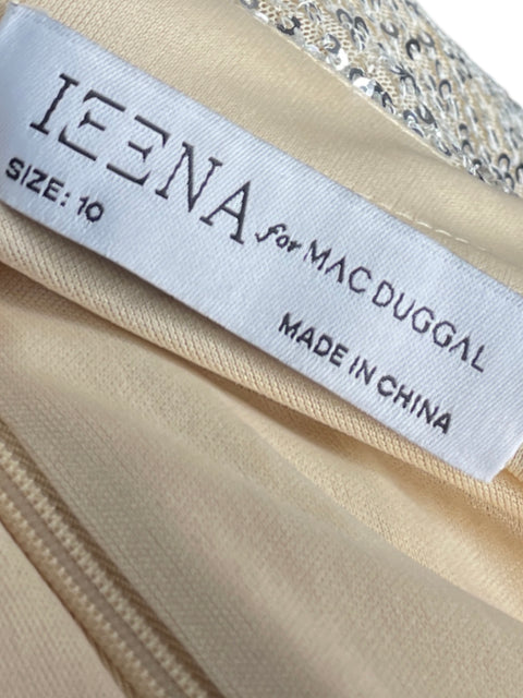 Vestido Mac Duggal Mangas Largas Lentejuelas Beige - Talla 10