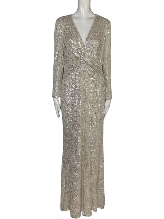 Vestido Mac Duggal Mangas Largas Lentejuelas Beige - Talla 10