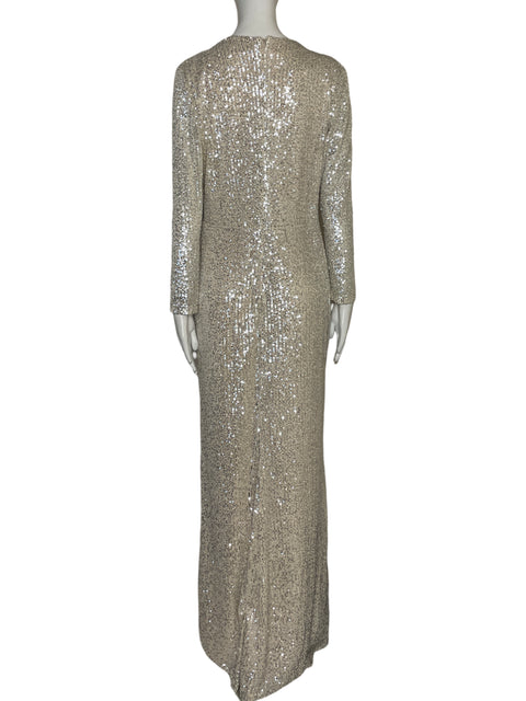 Vestido Mac Duggal Mangas Largas Lentejuelas Beige - Talla 10