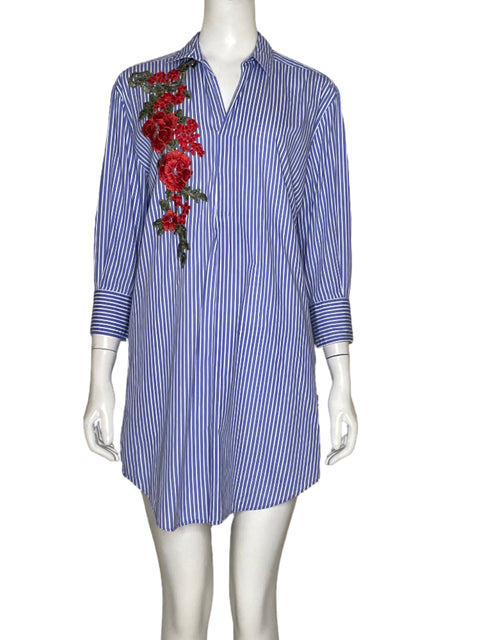 Vestido Zara Líneas Flor Azul - Talla S