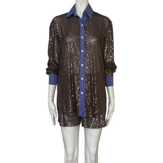 Set Hand Over Camisa + Short Lentejuelas Azul - Talla S