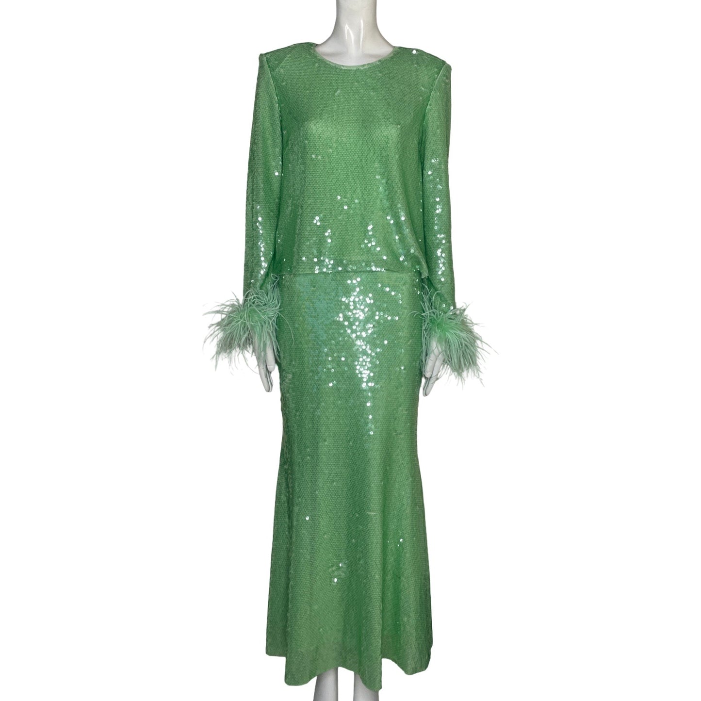 Set Self - Portrait Blusa + Falda Plumas Con Lentejuelas Verde - Talla 6